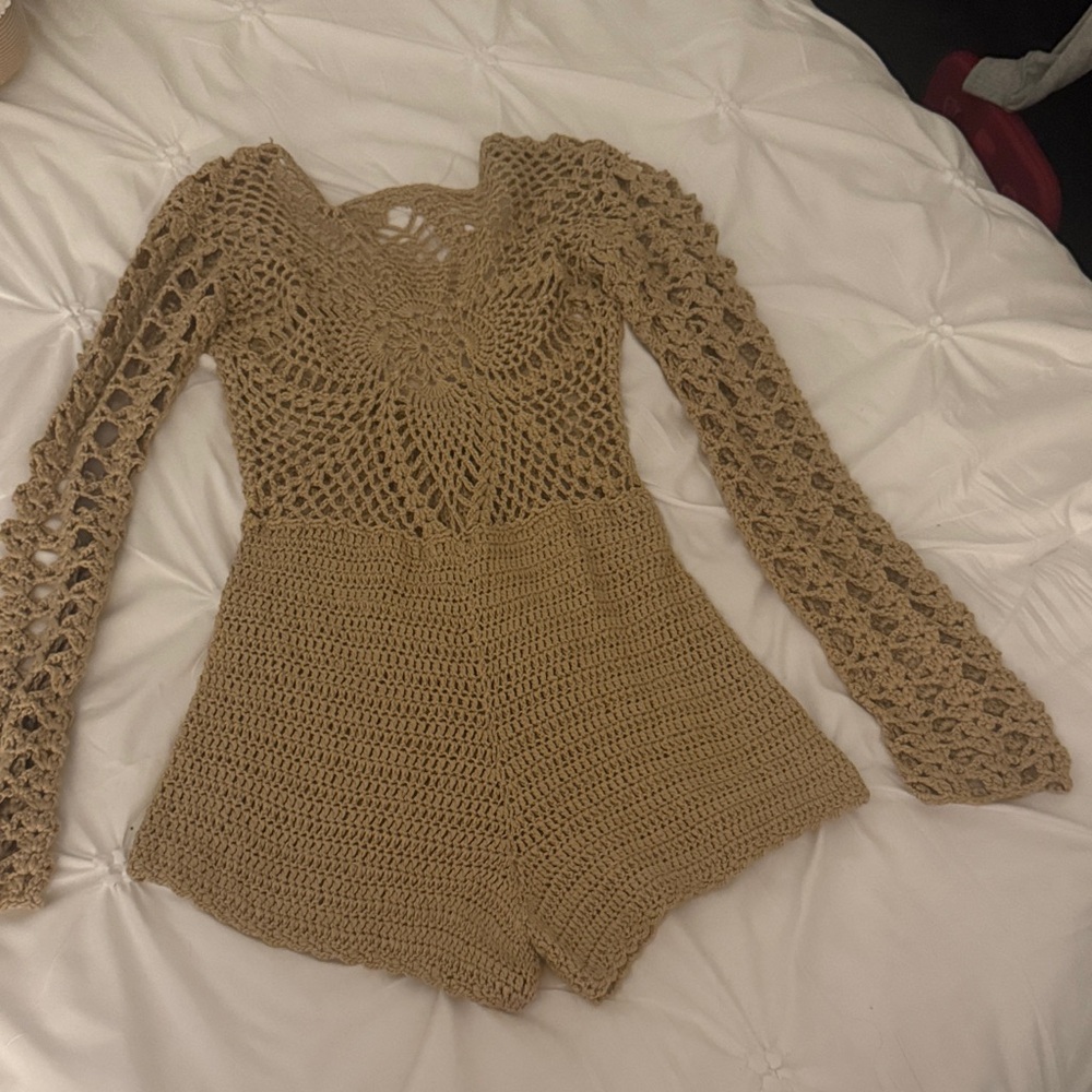 Fashion Nova Tan Crochet Romper - Picture 1 of 4